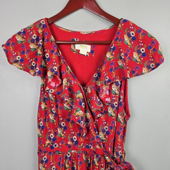 MAEVE BY ANTHROPOLOGIE Rosalia‎ Wrap Dress Ruffled Floral Red Womens Size 12 - Picture 4 of 16